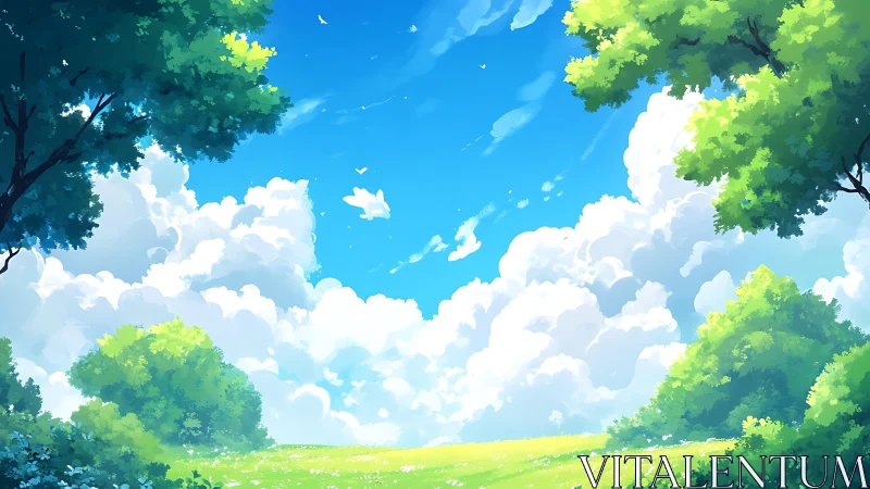 Expansive summer meadow under cumulus sky in anime style