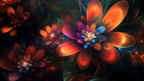 Fractal neon blossoms radiate swirling luminous petals