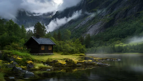 Cabin rests beside misty fjord under brooding cliffs.