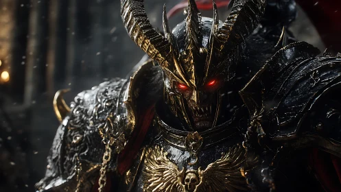 Baroque infernal warlord in ornate horned armor render.