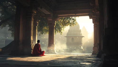 Quiet red robe listens to sunlight inside stone temple halls
