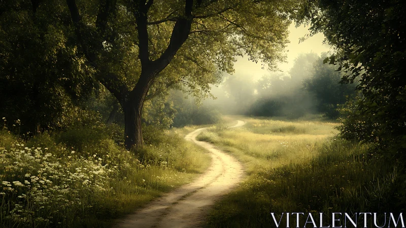 Sunlit winding woodland lane breathing quiet morning calm.