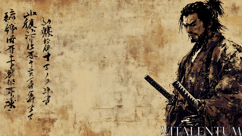 Grunge textured samurai portrait with dual katana focus.