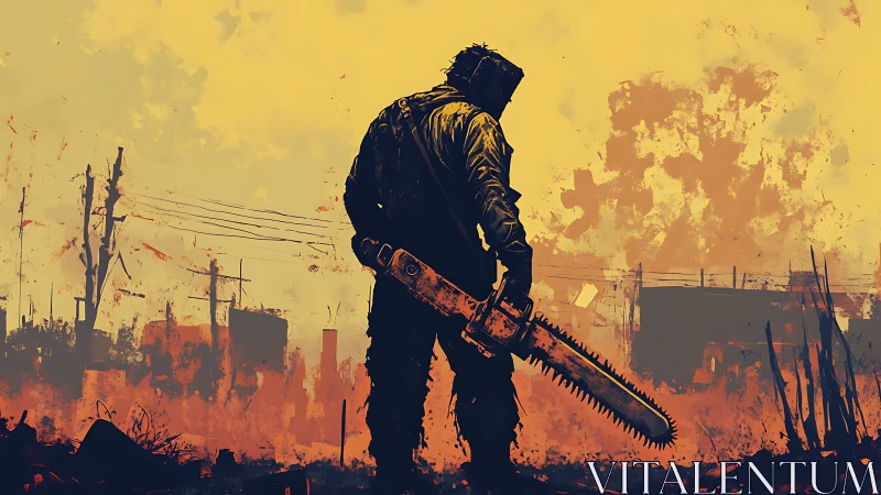 Chainsaw drifter stalks a rust-burned apocalyptic horizon.