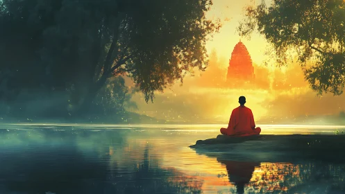 Monk meditates by river facing luminous distant temple