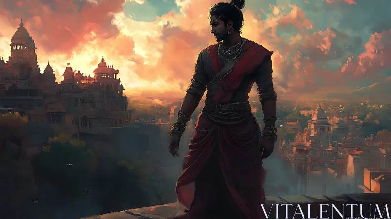 Warrior prince gazes over ancient city at blazing sunset.