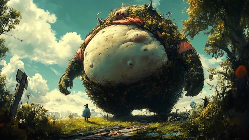 Colossal moss-covered creature confronting small figures.