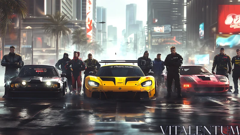 Street racers gather around sleek supercars in neon mist.