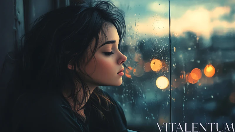 Young woman in profile by rainy window with city lights.