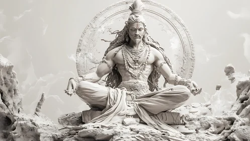 Monochrome meditative deity sculpture within circular stone mandala