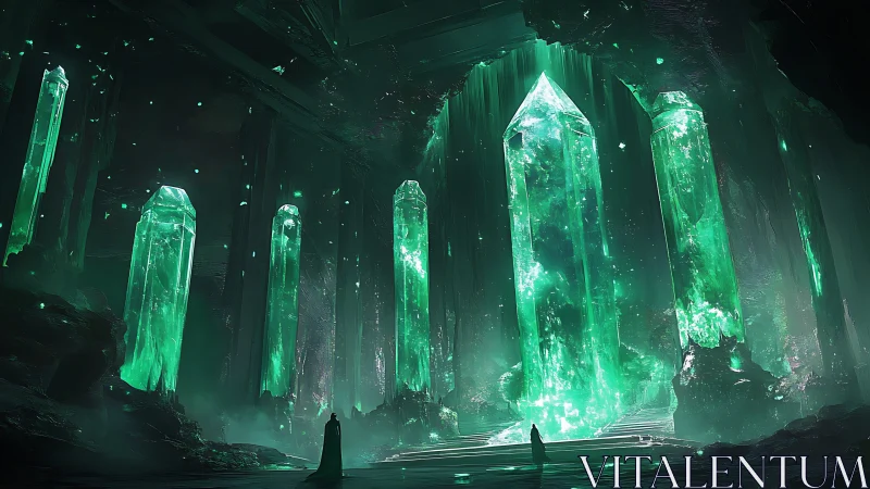 Emerald crystal chamber with robed figures in cavernous space.