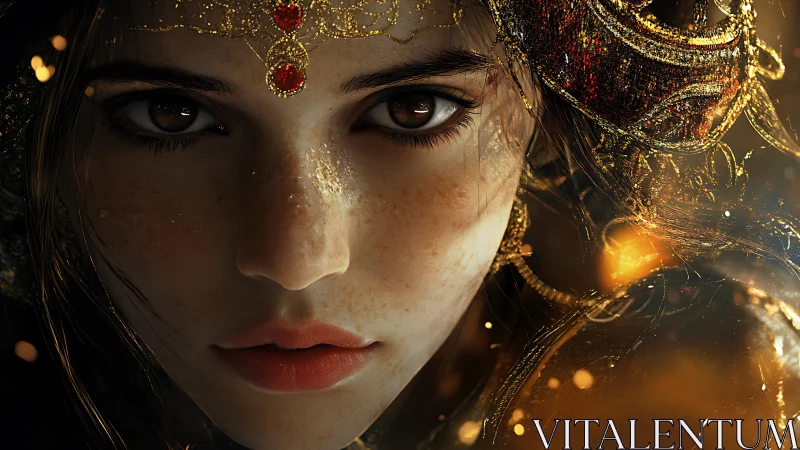 Close portrait of jeweled woman in warm dramatic light.