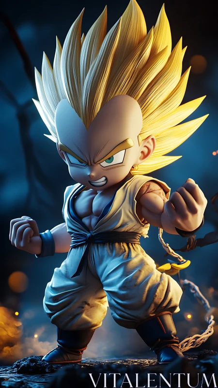 Chibi fighter with stylized volumetric lighting and dynamic key rim