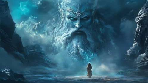 Colossal frost deity confronting lone wanderer in mist.