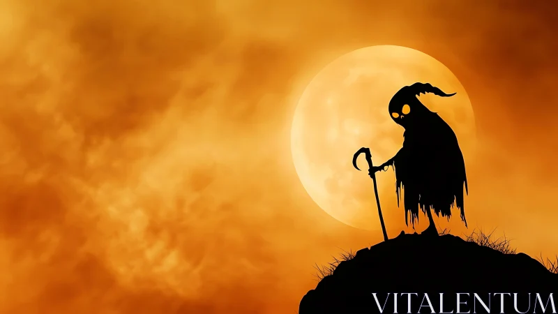Silhouetted cloaked wraith on hilltop against harvest supermoon