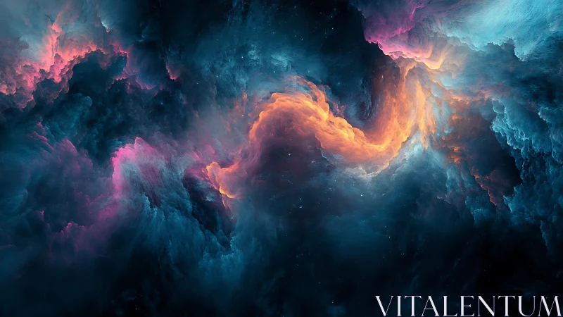 Swirling cosmic clouds in glowing teal, pink, and ember light.