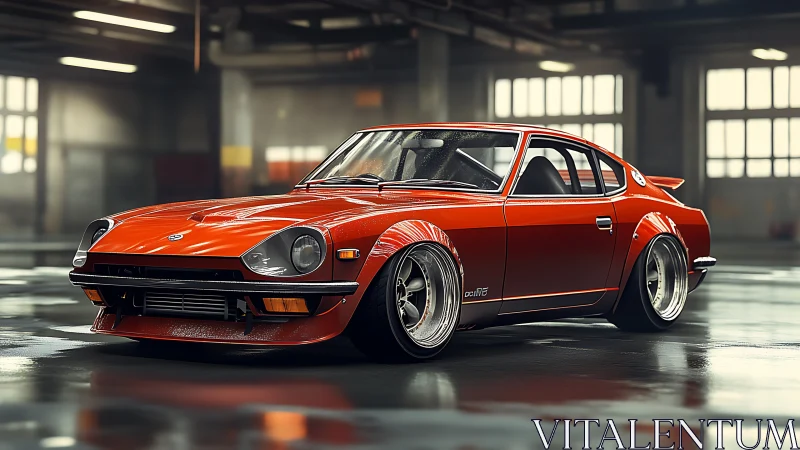 Red classic sports coupe in industrial garage interior.