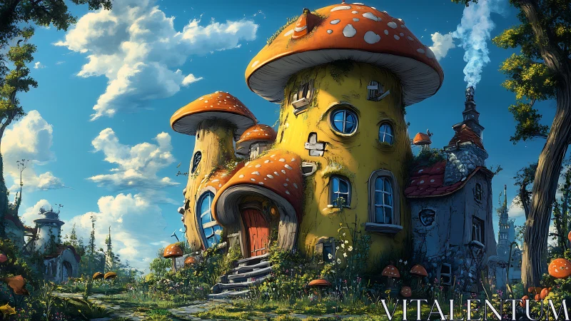 Mushroom-shaped dwellings under clear sky in stylized village.