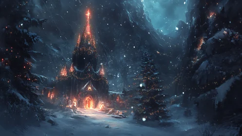 Luminous alpine cathedral under snowfall in glacial ravine dusk.