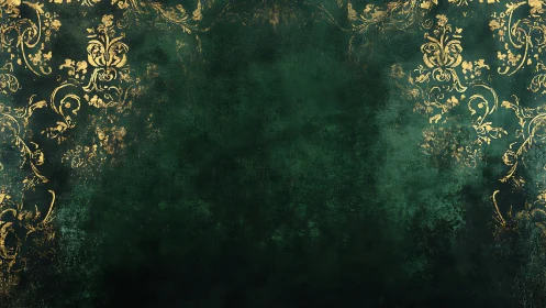 Emerald green damask background glows with antique gold flourishes