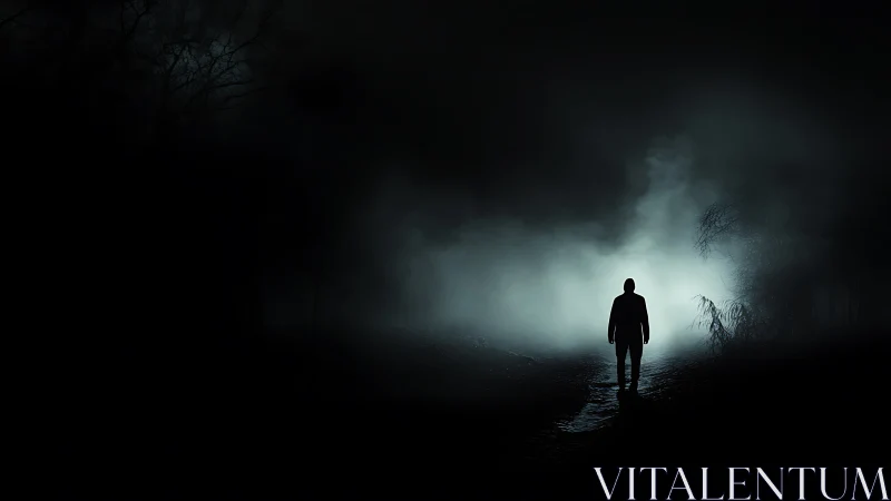 Lone figure walks into misty night along a quiet forest path