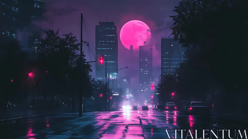 Neon moonlight paints a misty city street in soft pink glow