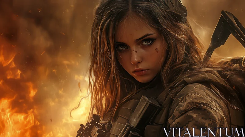 Young warrior in armor holds steady amid swirling flames.