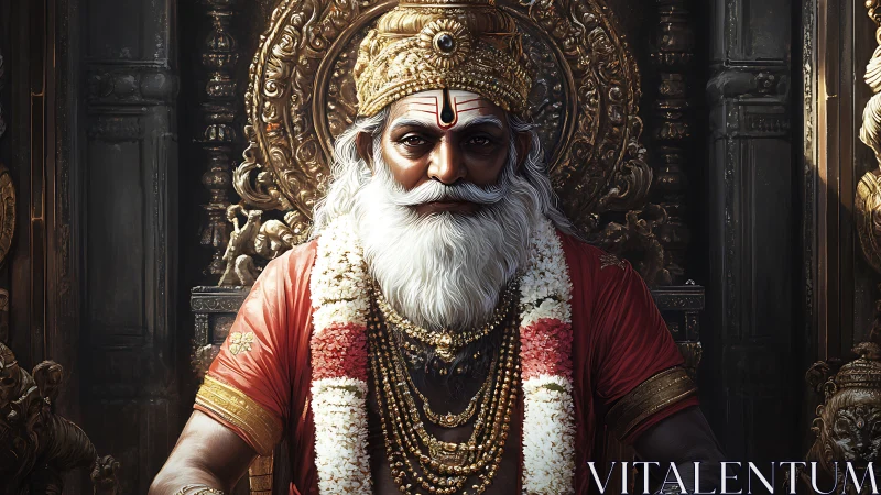 Regal elder sage enthroned in ornate golden temple interior.