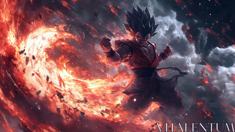 Spiky haired warrior channels fiery energy in storm clouds