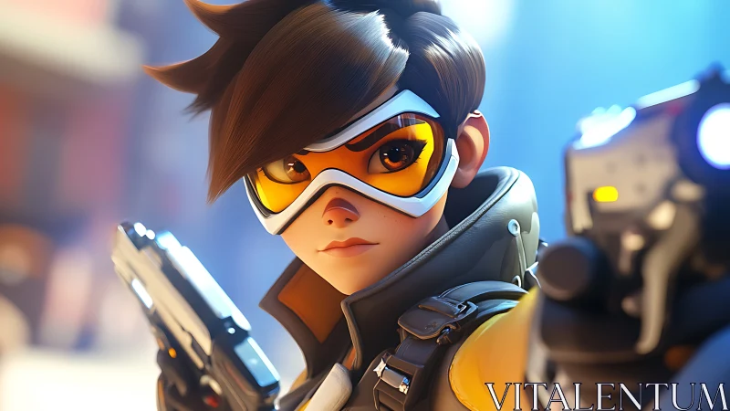 Stylized sci fi hero with dual pistols in close focus.