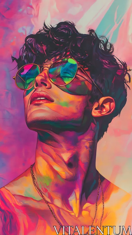 Neon-lit portrait captures reflective sunglasses and molten color.