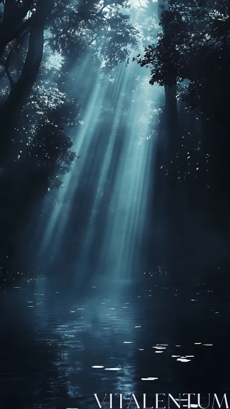 Volumetric sunbeams penetrating dense forest canopy over water.