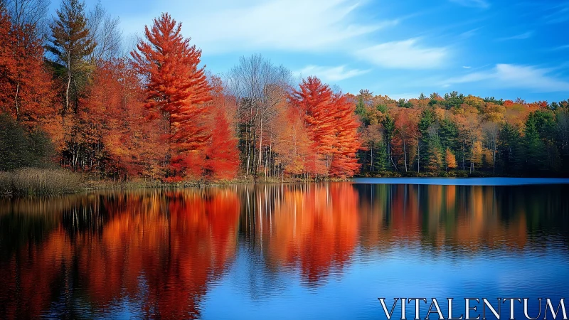 Crimson maples lean into the lake and repaint the quiet sky