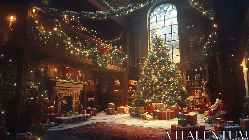 Christmas tree dominates richly decorated library interior