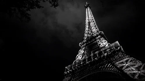 Illuminated Eiffel Tower in high contrast night view.