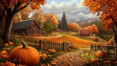 Cozy autumn pumpkin farm path toward a misty cabin retreat.