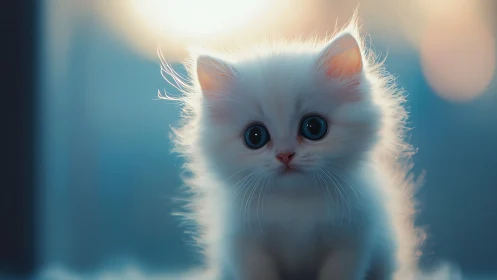 Luminous Kitten with Crystalline Eyes in Cerulean Reverie.