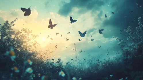 Twilight meadow ballet of drifting butterflies in glowing sky.