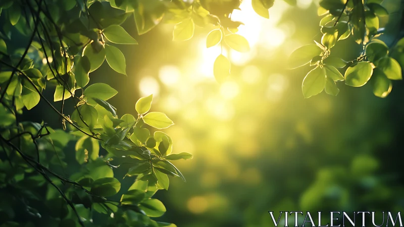 Sunlit Green Leaves in Morning Forest, Soft Focus Nature Scene.