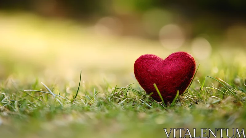 Red heart rests on grass with soft bokeh background.