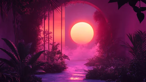 Glowing sun framed by tropical foliage in neon corridor