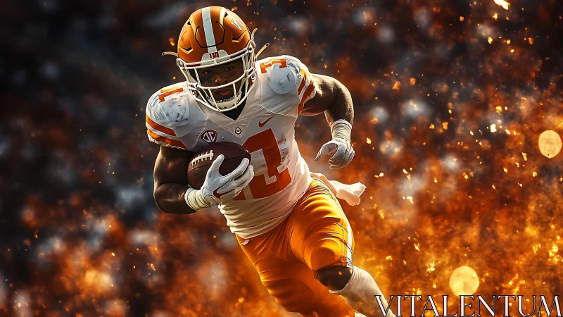 Flaming gridiron sprint as orange-clad running back attacks daylight.