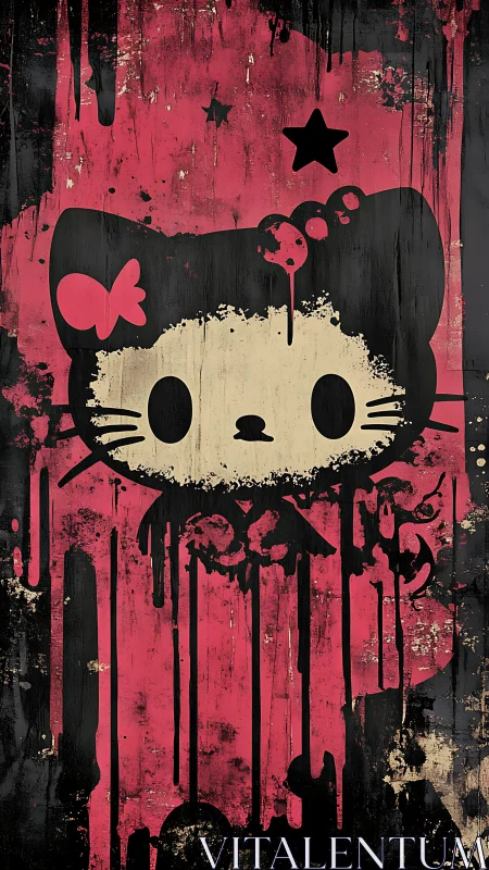 Distressed stencil cat graphic with dripping pink acrylic layers