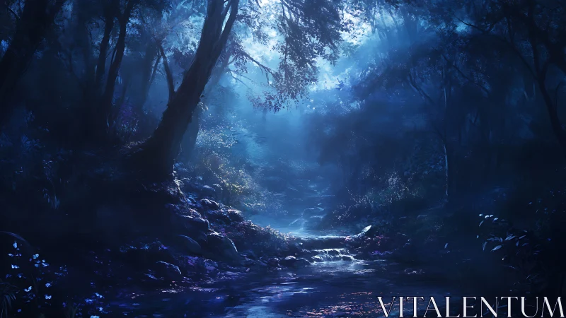 Luminescent Forest Stream: Mystical Moonlit Ravine.