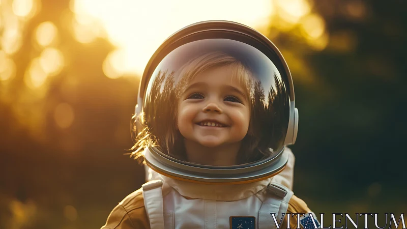 Child in Spacesuit with Helmet Against Golden Background.