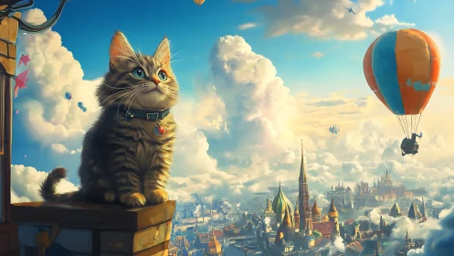Kitten watches vibrant hot air balloons above fantasy city