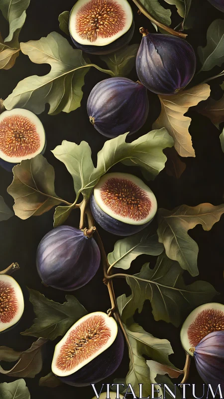 Ripe purple figs and leaves create a rich botanical tapestry