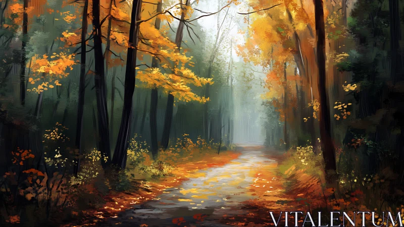 Luminous Autumn Forest Path with Golden Canopy Filtering Misty Light
