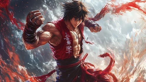 Battle-ready anime fighter in fiery storm of energy.