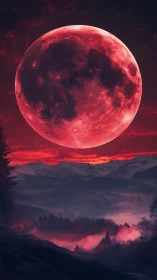Crimson moonrise casting gentle magic over misty peaks.